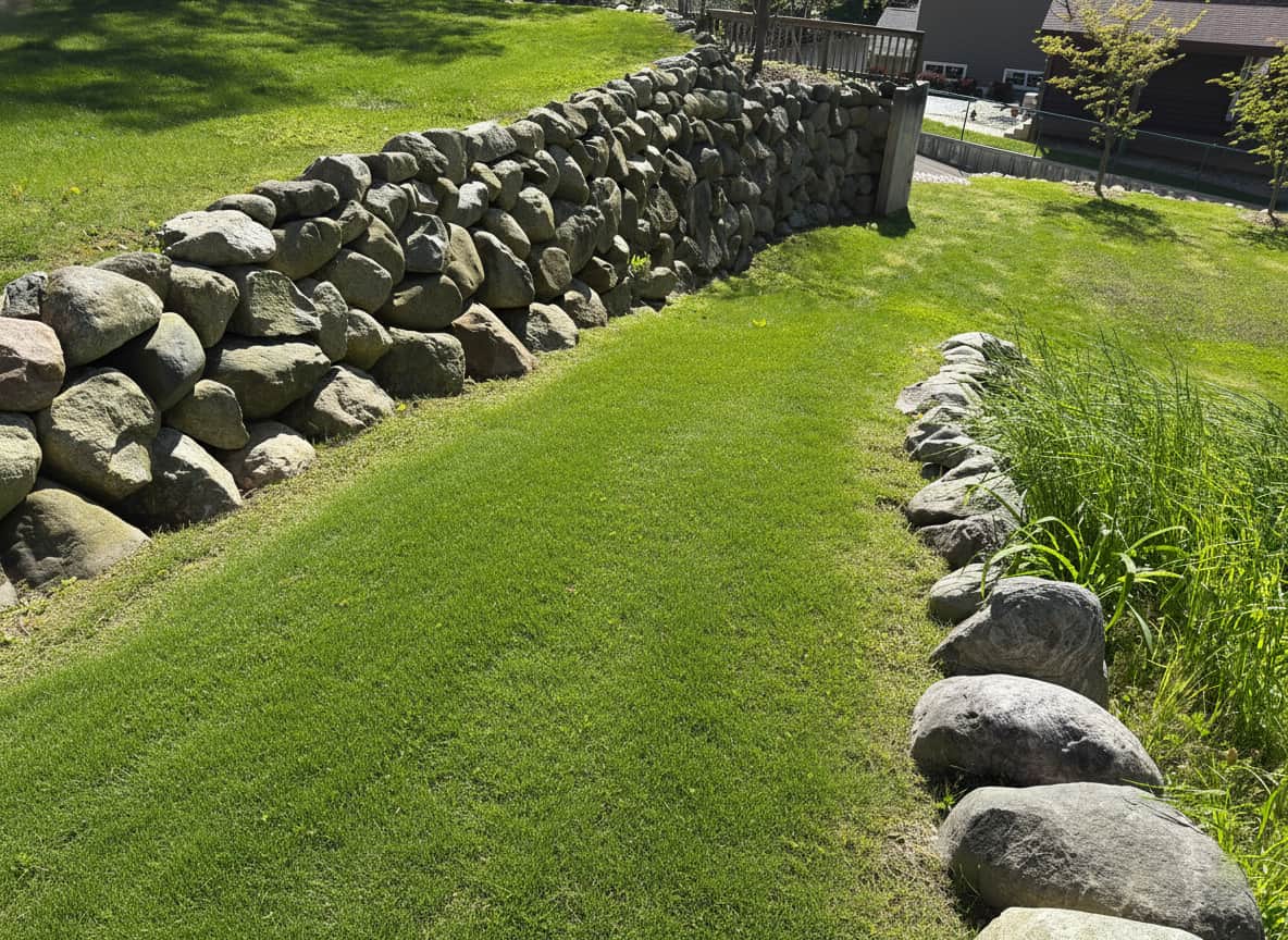 Manicured lawn bordered by natural fieldstone retaining walls, Southwest Michigan