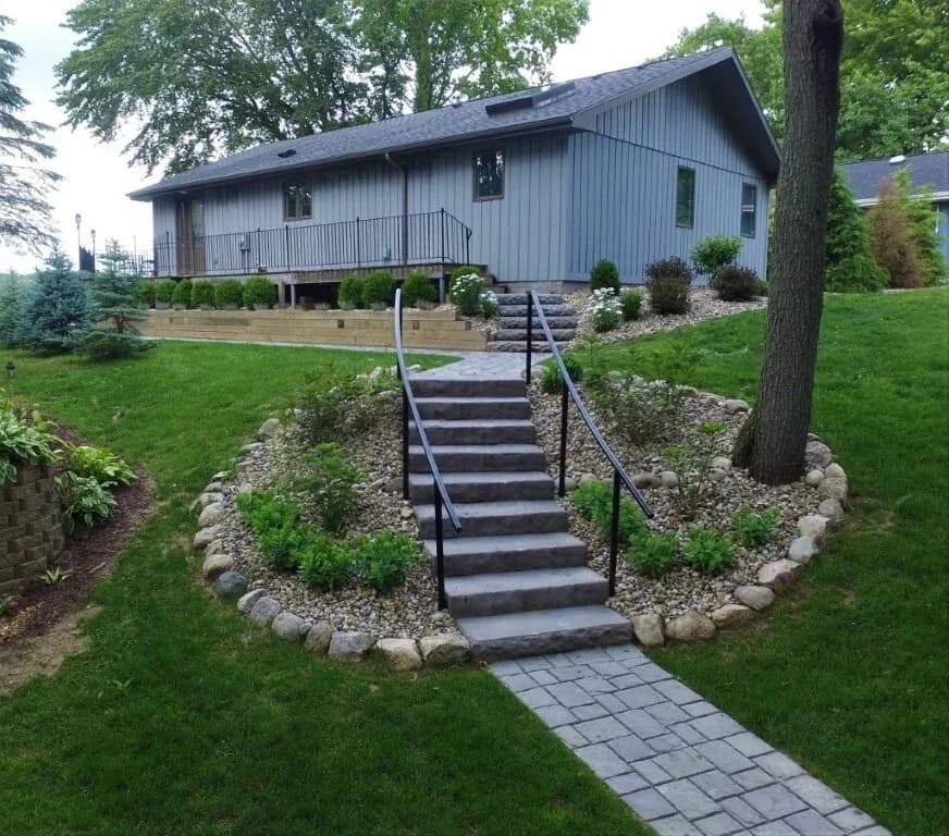 Stone staircase with landscaping at a Dowagiac, Michigan home